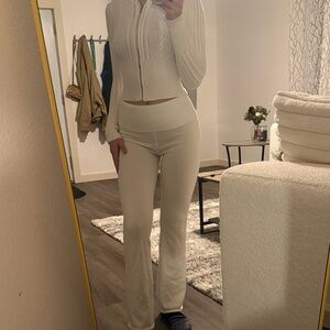 White Ribbed Knit Flare Pants